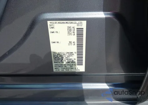 2022 Nissan Leaf S 40 Kwh z USA, uszkodzony, nr VIN 1N4AZ1BV7NC561932